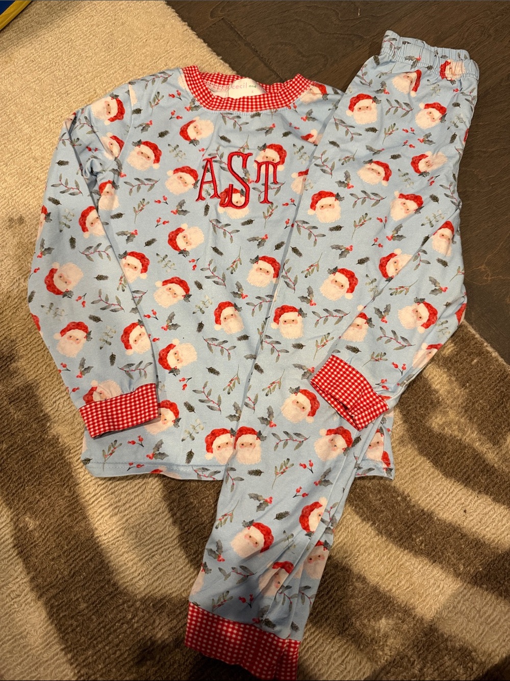 Cecil and Lou Santa Print Pajama Set with Red Gibgham Trim- AST MONOGRAM
